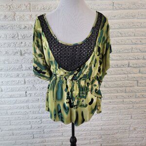J & D Fashions Womens Top 1XL Batwing Sleeve Green Black Watercolor WAT44XE